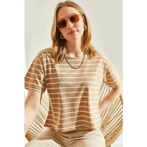 Tricou dama top scurt cu dungi - croiala larga - maro camel - jerseu imagine