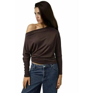 Bluza dama - tricotat elastic - maneca lunga - guler asimetric - maro mocca inchis - jerseu imagine