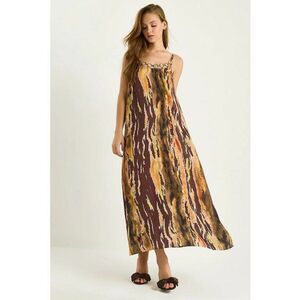 Rochie maxi - HiCCUP LUCCI - imprimeu - decolteu patrat - maro - textil imagine