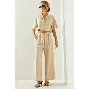 Set doua piese - camasa scurta cu nasturi si pantaloni largi - bej - textil imagine