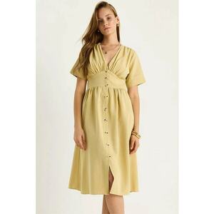 Rochie midi - HiCCUP - decolteu in V - textil - galben imagine