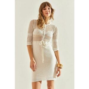 Rochie mini mulata cu funda si dantela - bej - bumbac - imagine