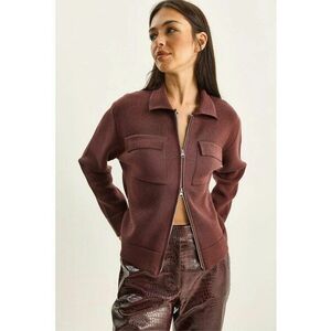 Pulover dama - cardigan tricotat cu fermoar si buzunare - maro castaniu - tricot - imagine