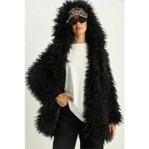 Palton dama - supradimensionat - cu gluga - din blana artificiala - negru imagine