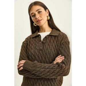 Pulover dama guler polo - model impletit gros - maro - tricot - imagine