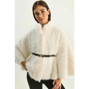 Palton scurt dama supradimensionat - guler tip jacheta - textil - alb imagine