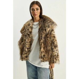 Palton scurt dama supradimensionat - blana artificiala - imprimeu leopard - maro camel imagine