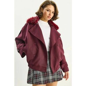 Trench dama - HiCCUP - trenci cu guler de blana artificiala - rosu burgund - textil imagine