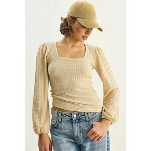 Bluza dama - HiCCUP - Texturata cu Guler Patrat - Slim Fit - Maro - Jerseu imagine