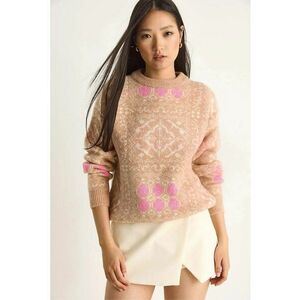 Pulovere - Femei - Pulover cu guler rotund si maneca lunga cu model etnic LUCCI - Bej Natural - imagine