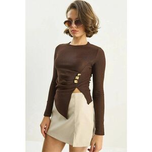 Bluza dama HiCCUP - maneca lunga - detaliu accesoriu - maro - jerseu imagine