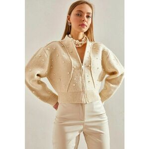 Cardigan scurt - cu fermoar - model texturat - tricot - Bej Natural imagine