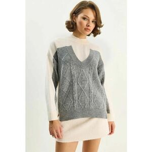 Pulovere - Femei - Pulover tricotat cu guler rotund si maneca lunga LUCCI - model Argyle - Gri - imagine