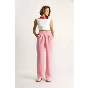 Pantaloni dama - drepti - talie inalta - roz pudrat - textil imagine