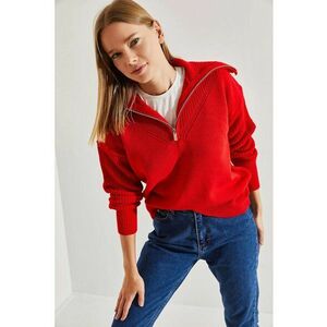 Pulover dama - tricotat cu guler cu fermoar - rosu - tricot - imagine