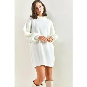 Pulover dama - Rochie tricotata texturata - Alb - Tricot - imagine