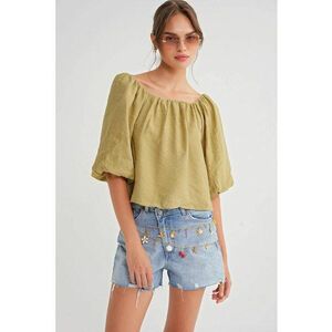Bluza dama HiCCUP - guler Madonna - cu volane - verde textil - Verde masliniu imagine