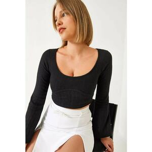 Bluza dama - HiCCUP - Crop Top - maneci lungi - negru - jerseu imagine