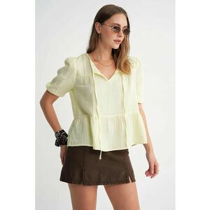 Bluza dama HiCCUP din muselina texturata - galben lamaie - bumbac - guler rotund imagine