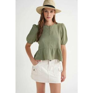 Bluza dama - HiCCUP - din muselina texturata - guler rotund - verde - bumbac imagine