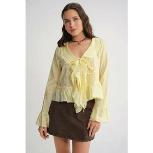 Bluza dama - HiCCUP - cu volane - galben lamaie - material cu snur imagine