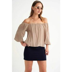 Bluza dama HiCCUP - guler Madonna - detaliu cu volane - maro camel - textil imagine
