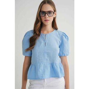 Bluza dama HiCCUP din bumbac - texturata - guler rotund - albastru gheata imagine