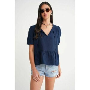 Bluza dama HiCCUP - muselina texturata - decolteu rotund - albastru marin - bumbac imagine