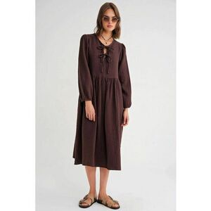 Rochie Midi - HiCCUP - decolteu in V - inchidere cu siret - maro - textil imagine