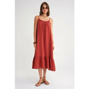 Rochie Midi HiCCUP - rosu caramiziu - detalii volane - material textil imagine