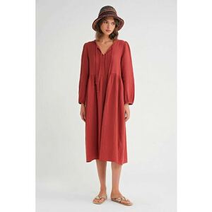 Rochie midi HiCCUP - decolteu in V - rosu caramiziu - textil imagine