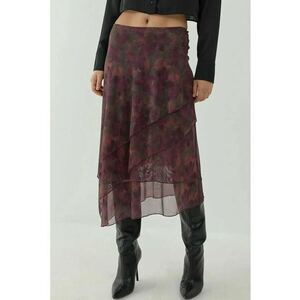 Fusta Fusta Midi cu Talie Inalta - imprimeu floral - rosu burgundy - textil imagine
