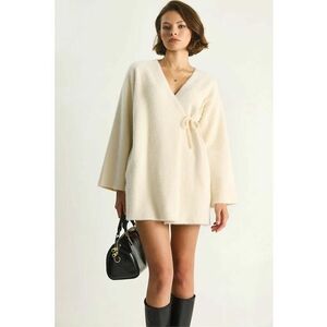 Pulover dama - cardigan cu inchidere tip cravata - ivory natural - tricot - imagine