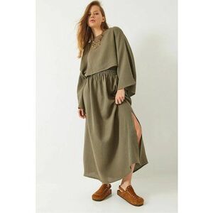 Set doua piese - tunica lunga texturata cu guler rotund si pantaloni lati - kaki - textil - imagine