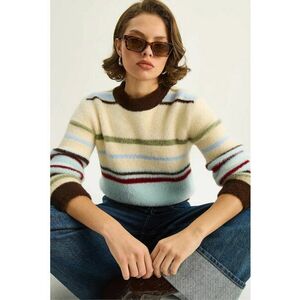 Pulover dama cu guler rotund - dungi - tricot - Multicolor - imagine