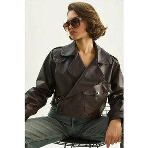 Geaca de piele artificiala scurta supradimensionata - maro mocha inchis - textil imagine