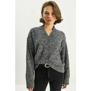 Pulover dama - Pulover tricotat cu maneca lunga - decolteu in V - Tricot - Negru - imagine