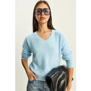 Pulover dama - tricotat - decolteu in V - Albastru bebelus - imagine