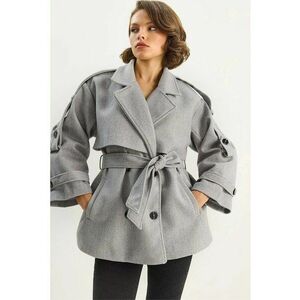 Palton dama - LUCCI - doua randuri de nasturi - cu centura - fleece - Gri - imagine