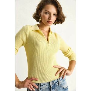 Pulover dama - cu guler cu fermoar - Galben chihlimbar - Tricot - Galben chihlimbar - imagine