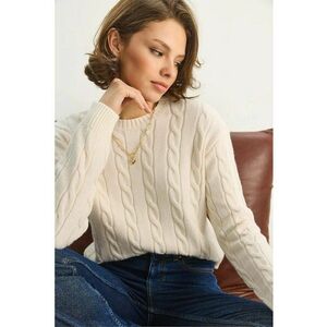 Pulover dama - Pulover cu model impletit - tricot - Crema naturala - imagine