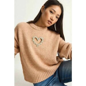 Pulover dama - supradimensionat - detalii inima - tricot - Roz pudrat - imagine