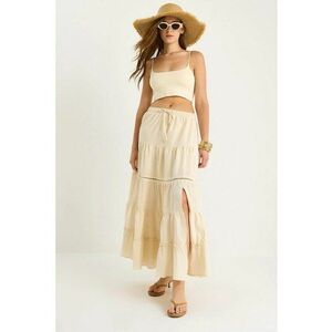 Fusta lunga texturata - talie inalta - bej - textil - Bej Natural imagine