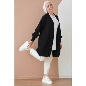 Pulover dama - cardigan jacquard cu nasturi - decolteu in V - tricot - Negru - imagine