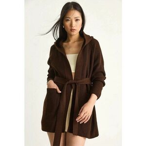 Cardigan dama - cu gluga si inchidere cu snur - tricot - Mocha Brown - imagine