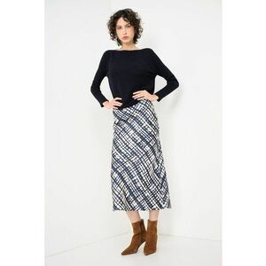 Fusta de matase cu model abstract Elio - Alb fildes/Albastru inchis imagine