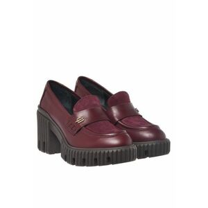 Pantofi loafer de piele si piele intoarsa cu toc masiv - Visiniu imagine