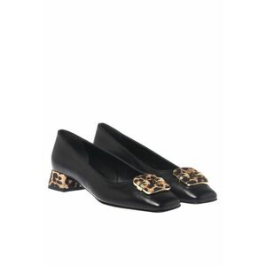 Pantofi de piele cu varf patrat si detalii animal print - Negru/Crem imagine
