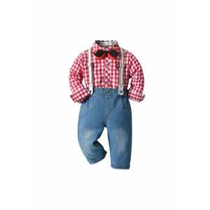 Compleu Cu Blugi - Camasa Cu Carouri Rosii - Papion si Bretele - Elegant - Baieti - Maneca lunga - Multicolor imagine