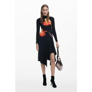 Rochie din amestec de bumbac cu terminatie asimetrica - Negru/Coral/Portocaliu pal imagine